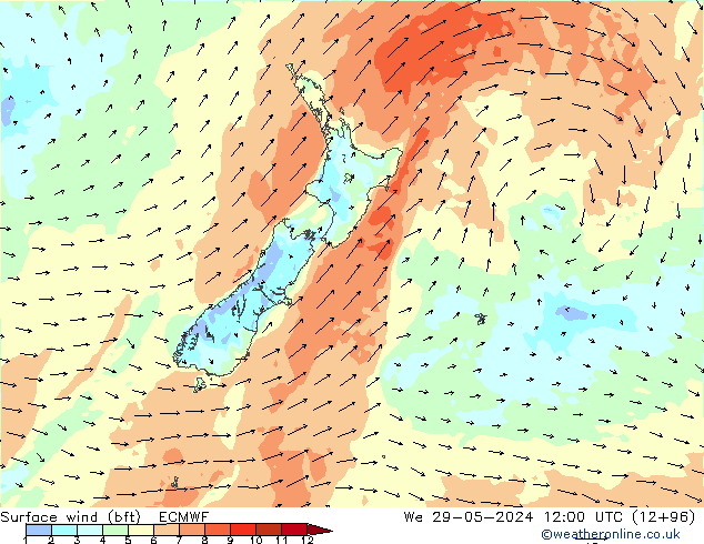 Vento 10 m (bft) ECMWF Qua 29.05.2024 12 UTC