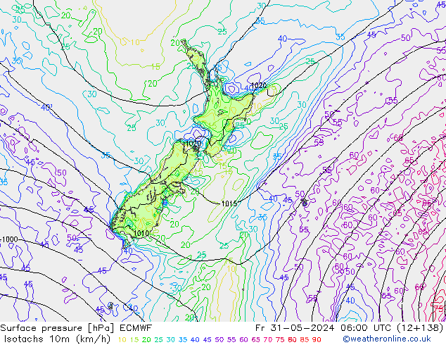 Isotachs (kph) ECMWF Sex 31.05.2024 06 UTC