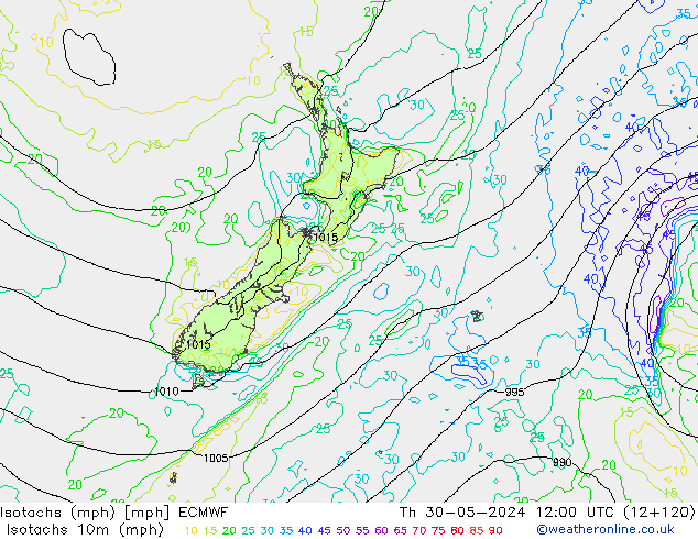 Isotachen (mph) ECMWF Do 30.05.2024 12 UTC