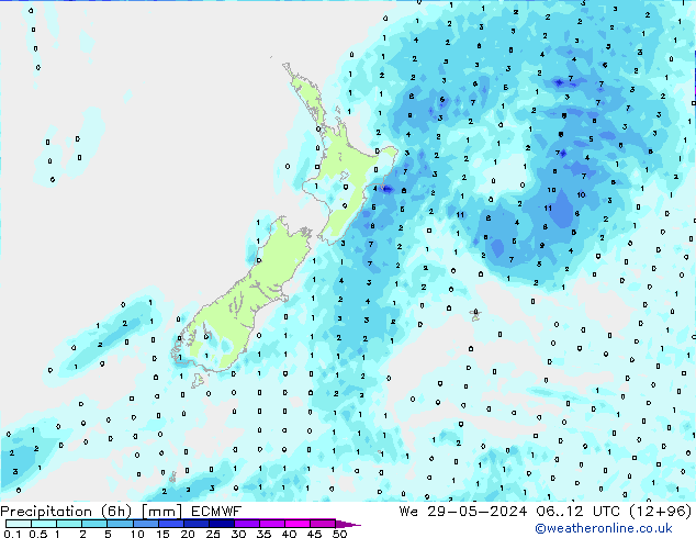 Totale neerslag (6h) ECMWF wo 29.05.2024 12 UTC