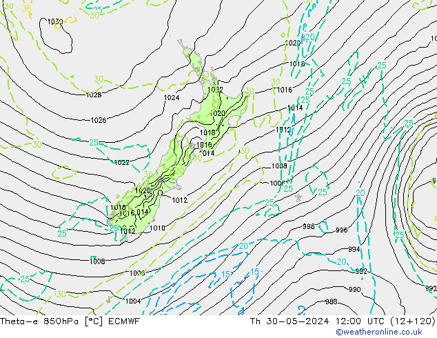 Theta-e 850hPa ECMWF gio 30.05.2024 12 UTC