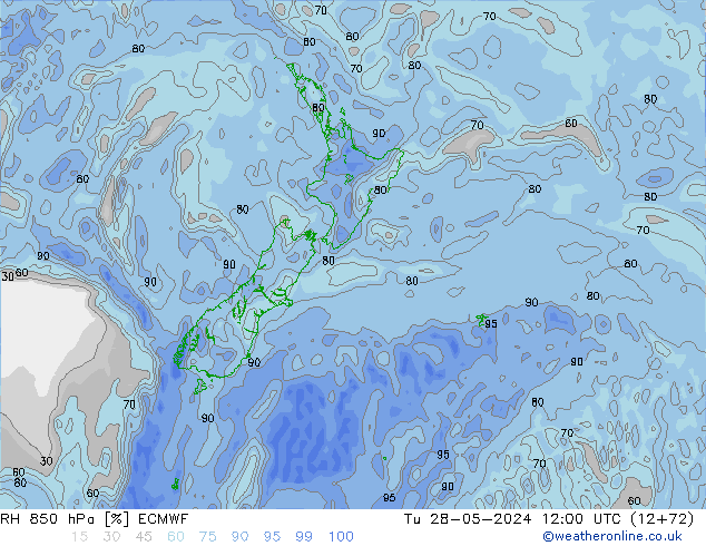 Humedad rel. 850hPa ECMWF mar 28.05.2024 12 UTC