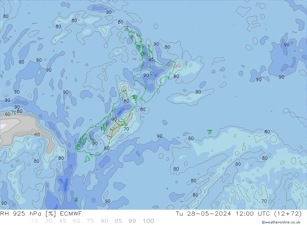 Humidité rel. 925 hPa ECMWF mar 28.05.2024 12 UTC