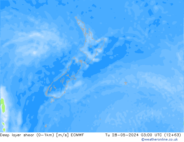 Deep layer shear (0-1km) ECMWF Tu 28.05.2024 03 UTC