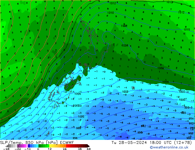 SLP/Temp. 850 hPa ECMWF mar 28.05.2024 18 UTC