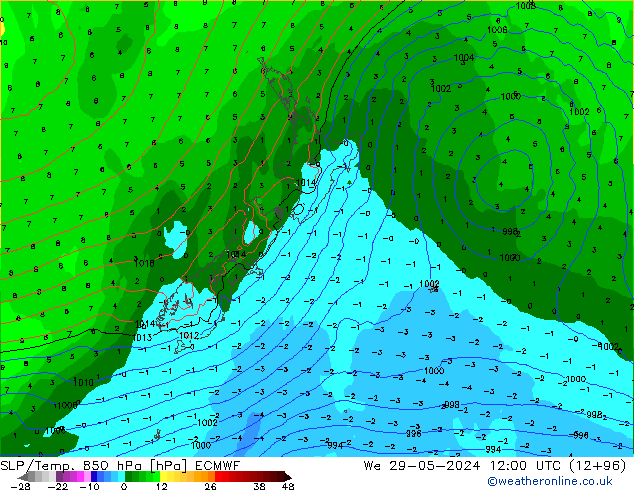 SLP/Temp. 850 hPa ECMWF śro. 29.05.2024 12 UTC