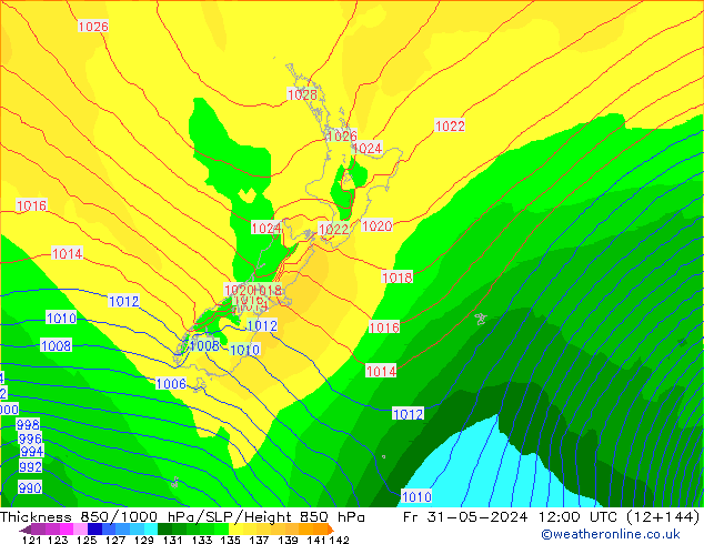 Dikte 850-1000 hPa ECMWF vr 31.05.2024 12 UTC