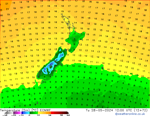 Temperatuurkaart (2m) ECMWF di 28.05.2024 12 UTC