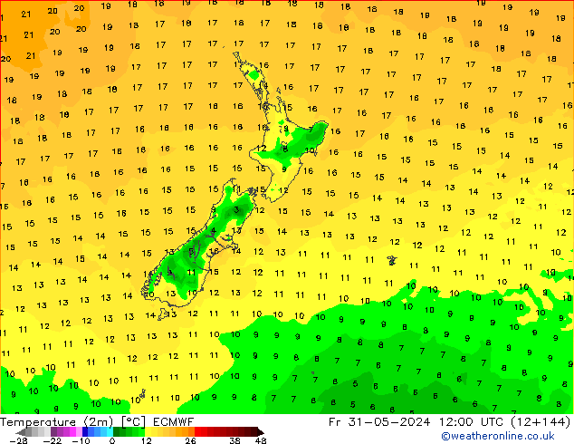 Temperatuurkaart (2m) ECMWF vr 31.05.2024 12 UTC