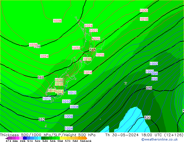 Espesor 500-1000 hPa ECMWF jue 30.05.2024 18 UTC