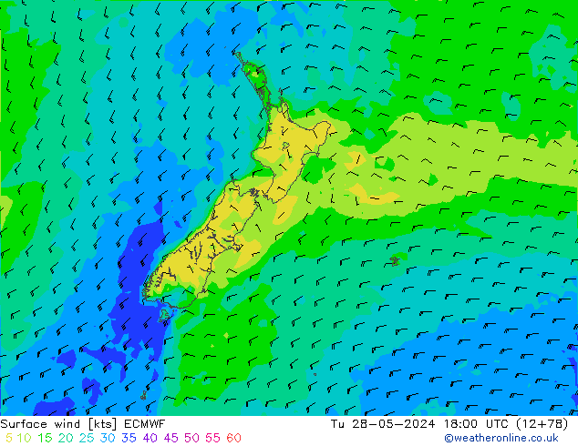 Surface wind ECMWF Út 28.05.2024 18 UTC