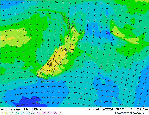 Surface wind ECMWF Po 03.06.2024 00 UTC