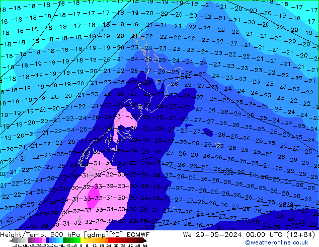 Z500/Yağmur (+YB)/Z850 ECMWF Çar 29.05.2024 00 UTC