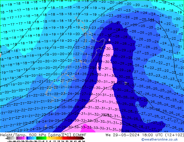 Z500/Regen(+SLP)/Z850 ECMWF wo 29.05.2024 18 UTC