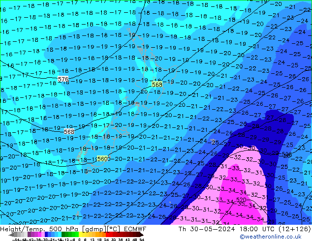 Z500/Rain (+SLP)/Z850 ECMWF czw. 30.05.2024 18 UTC