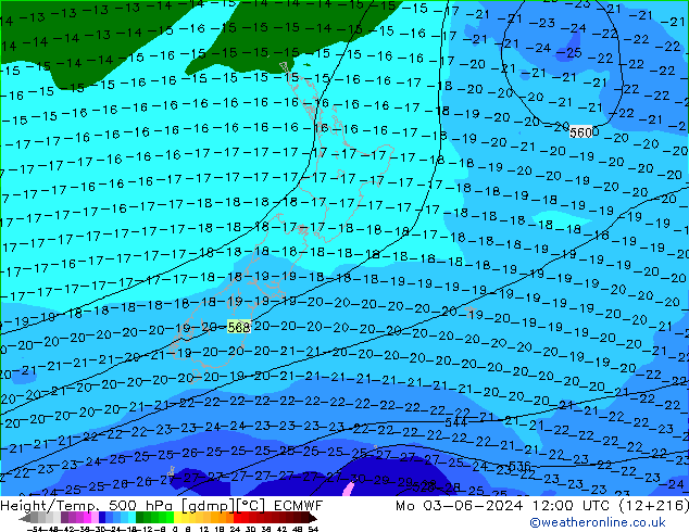 Z500/Rain (+SLP)/Z850 ECMWF Mo 03.06.2024 12 UTC