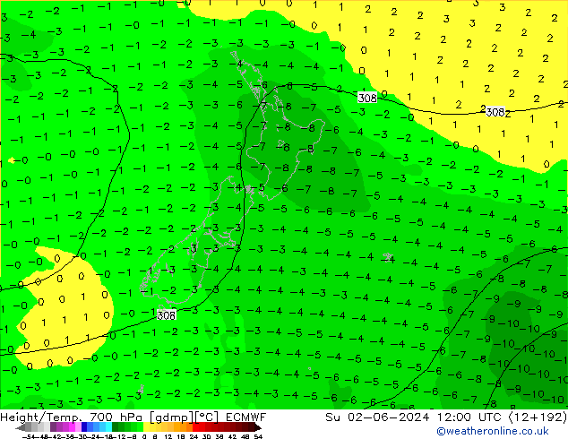 Height/Temp. 700 hPa ECMWF So 02.06.2024 12 UTC