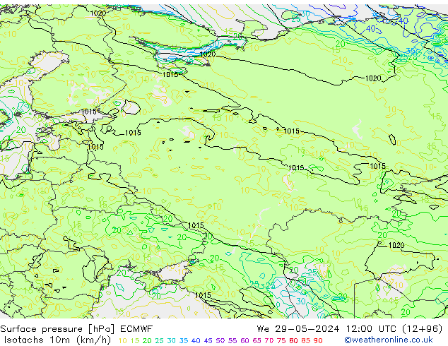 Isotachs (kph) ECMWF Qua 29.05.2024 12 UTC