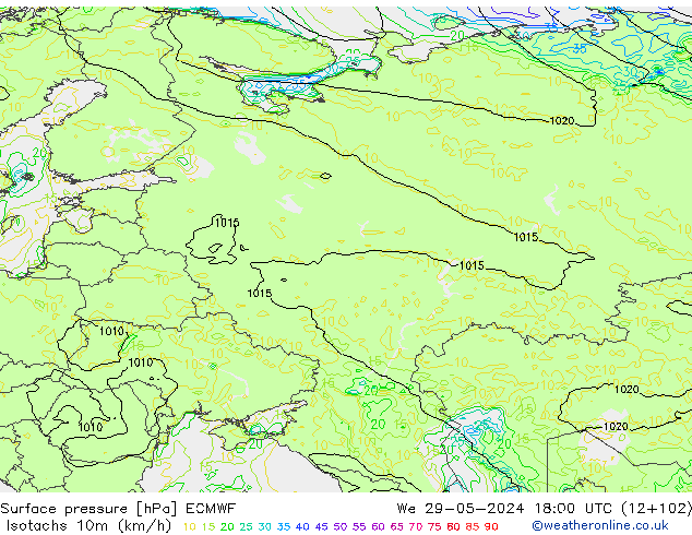 Isotaca (kph) ECMWF mié 29.05.2024 18 UTC