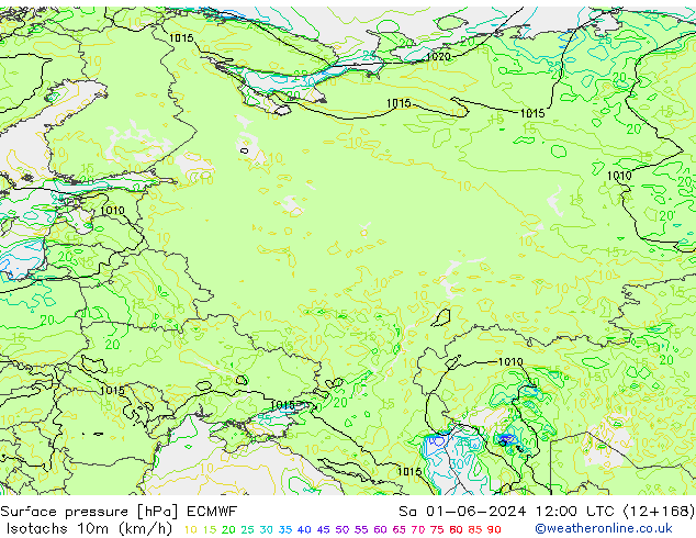 Isotachs (kph) ECMWF Sa 01.06.2024 12 UTC