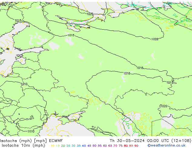 Isotachs (mph) ECMWF Qui 30.05.2024 00 UTC