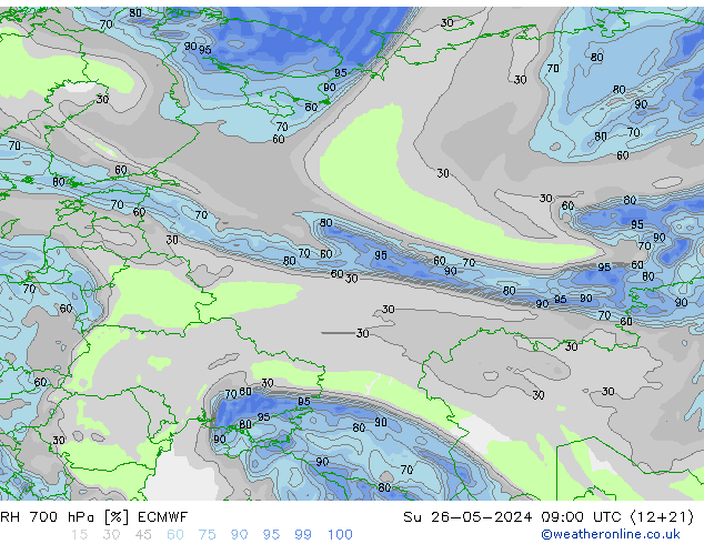 Humedad rel. 700hPa ECMWF dom 26.05.2024 09 UTC