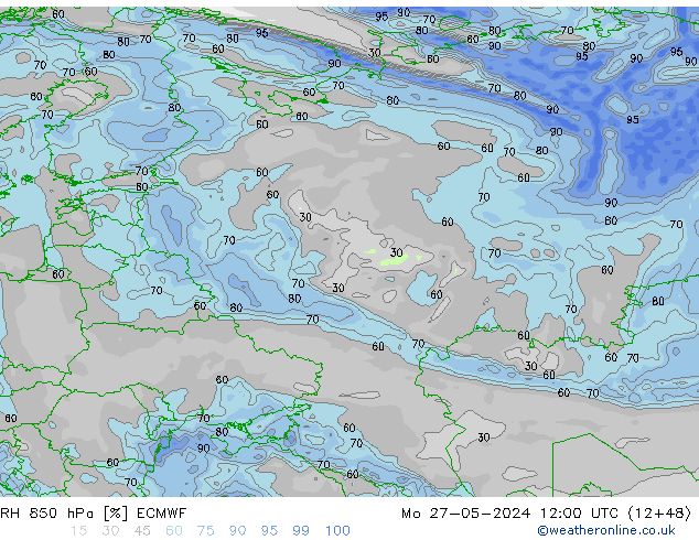 RH 850 hPa ECMWF Mo 27.05.2024 12 UTC