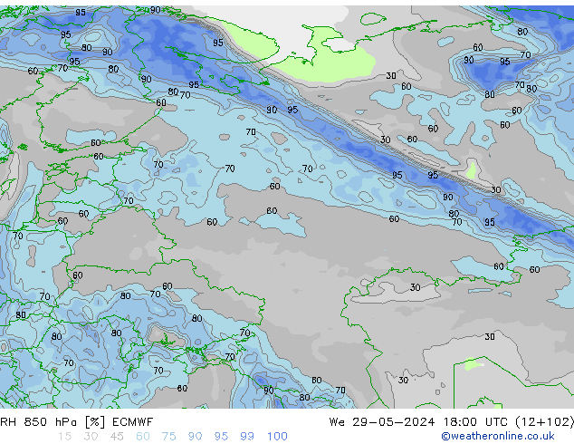 RH 850 hPa ECMWF We 29.05.2024 18 UTC