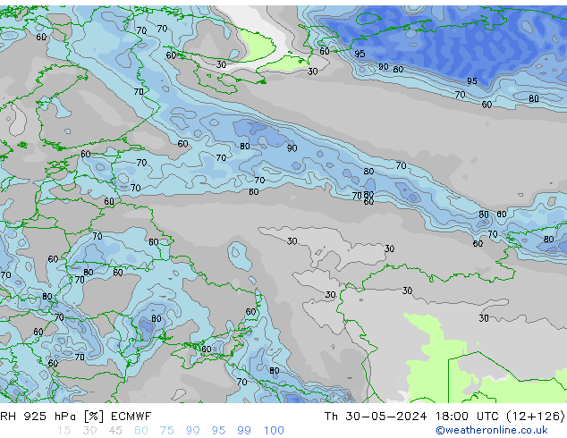 Humidité rel. 925 hPa ECMWF jeu 30.05.2024 18 UTC