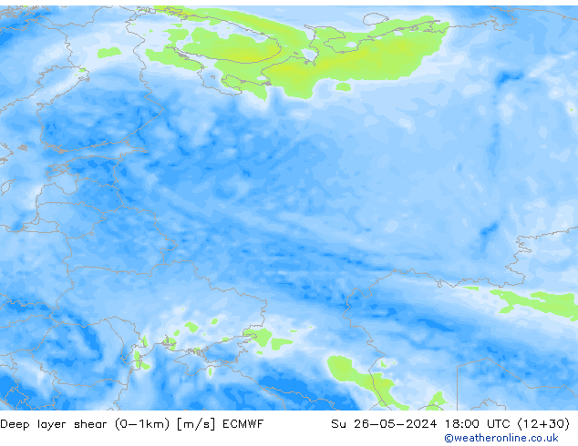 Deep layer shear (0-1km) ECMWF Paz 26.05.2024 18 UTC