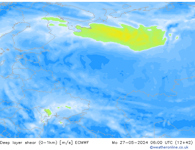 Deep layer shear (0-1km) ECMWF Mo 27.05.2024 06 UTC