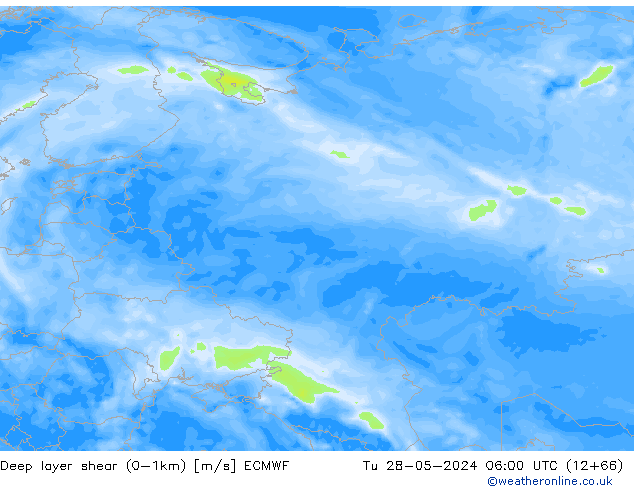 Deep layer shear (0-1km) ECMWF di 28.05.2024 06 UTC
