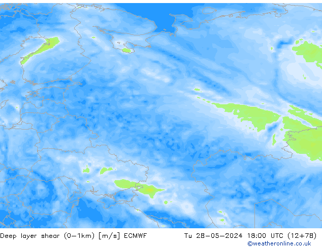 Deep layer shear (0-1km) ECMWF Út 28.05.2024 18 UTC