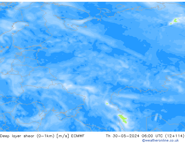 Deep layer shear (0-1km) ECMWF Qui 30.05.2024 06 UTC