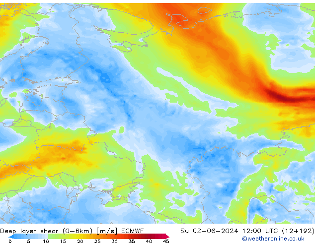 Deep layer shear (0-6km) ECMWF So 02.06.2024 12 UTC