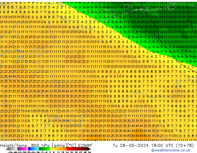 Height/Temp. 850 hPa ECMWF Út 28.05.2024 18 UTC
