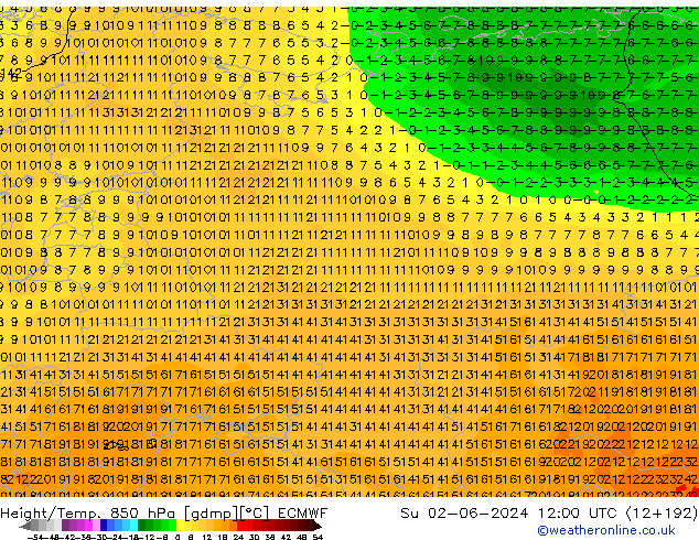 Height/Temp. 850 hPa ECMWF So 02.06.2024 12 UTC