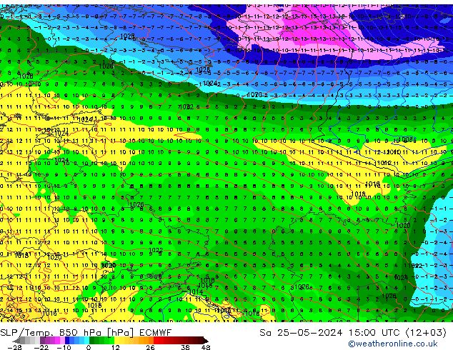 SLP/Temp. 850 hPa ECMWF za 25.05.2024 15 UTC