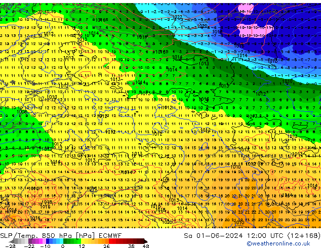 SLP/Temp. 850 hPa ECMWF Sa 01.06.2024 12 UTC