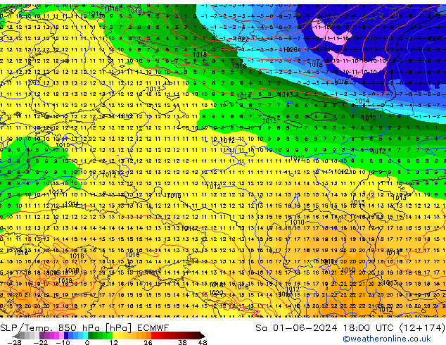 SLP/Temp. 850 hPa ECMWF Sáb 01.06.2024 18 UTC