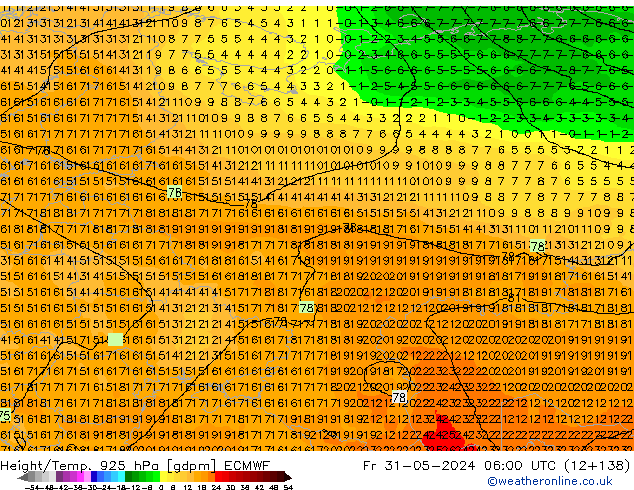 Hoogte/Temp. 925 hPa ECMWF vr 31.05.2024 06 UTC
