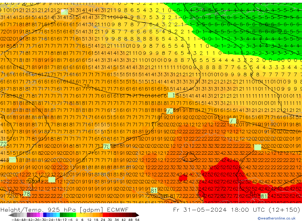 Hoogte/Temp. 925 hPa ECMWF vr 31.05.2024 18 UTC