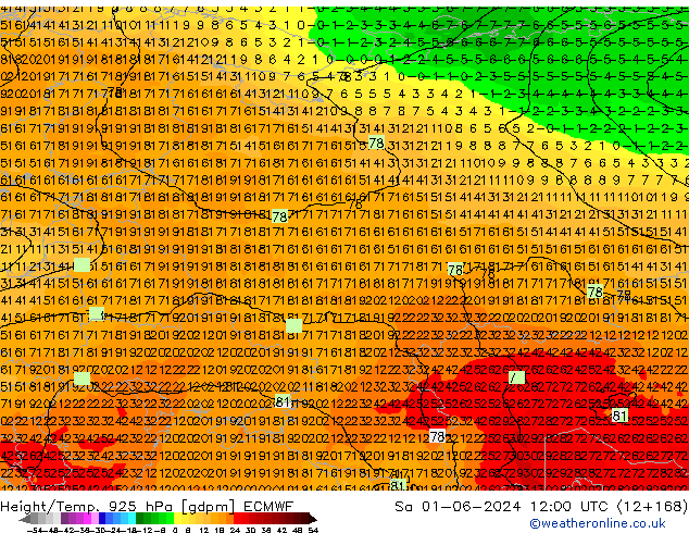 Height/Temp. 925 hPa ECMWF Sa 01.06.2024 12 UTC