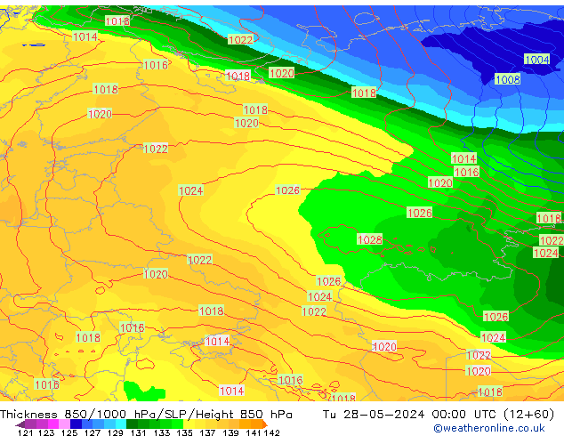 Dikte 850-1000 hPa ECMWF di 28.05.2024 00 UTC