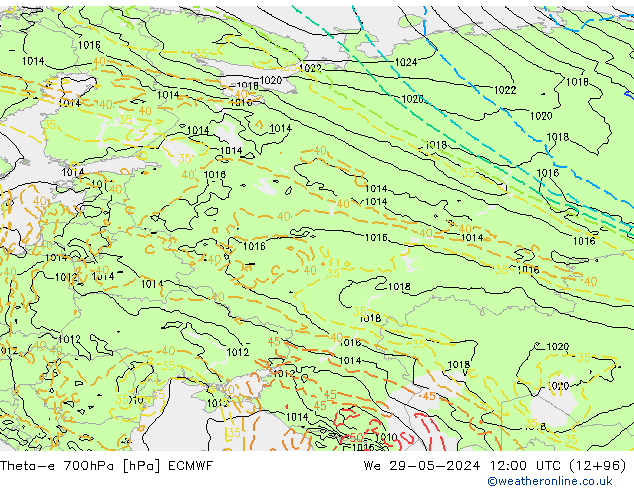 Theta-e 700hPa ECMWF śro. 29.05.2024 12 UTC