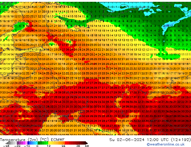 Temperature (2m) ECMWF Su 02.06.2024 12 UTC