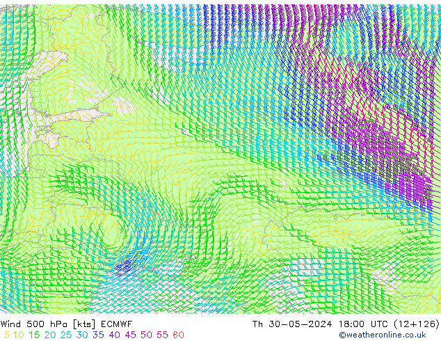 Wind 500 hPa ECMWF Čt 30.05.2024 18 UTC