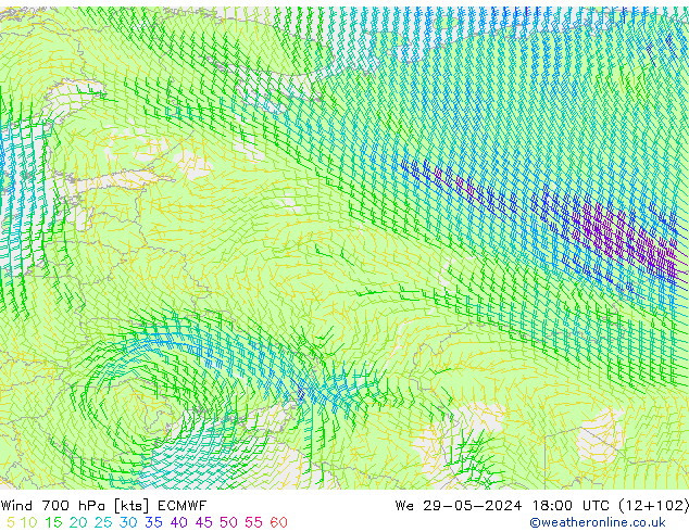 Vento 700 hPa ECMWF mer 29.05.2024 18 UTC