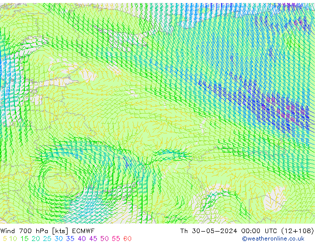Wind 700 hPa ECMWF Do 30.05.2024 00 UTC