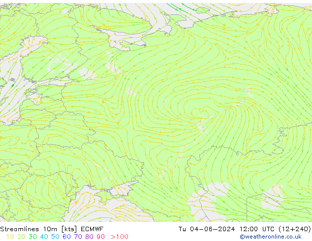 Streamlines 10m ECMWF Tu 04.06.2024 12 UTC